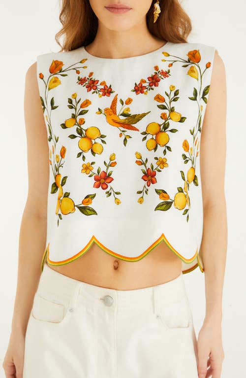 FARM Rio Lemon Bouquet Floral Linen Blend Crop Top in Lemon Bouquet Off-White at Nordstrom, Size Small