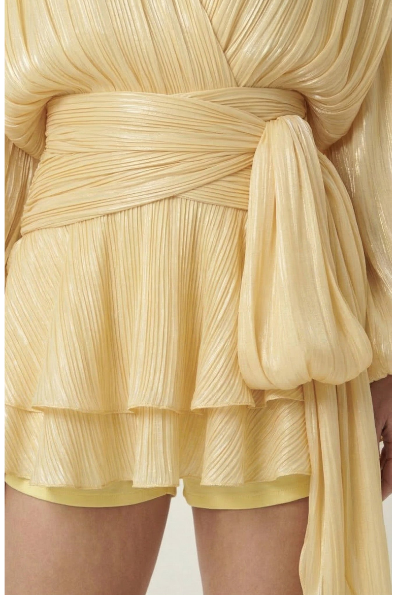 Pleated Long Sleeve Mini Dress with Tie Waist and Keyhole Neck, Alternate, color, Pale Yellow