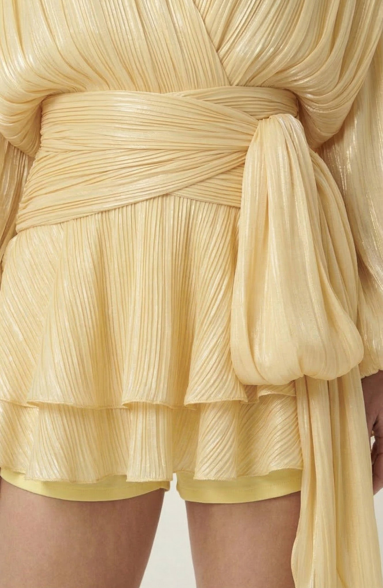 Modenaire Pleated Long Sleeve Mini Dress with Tie Waist and Keyhole Neck, Alternate, color, Pale Yellow