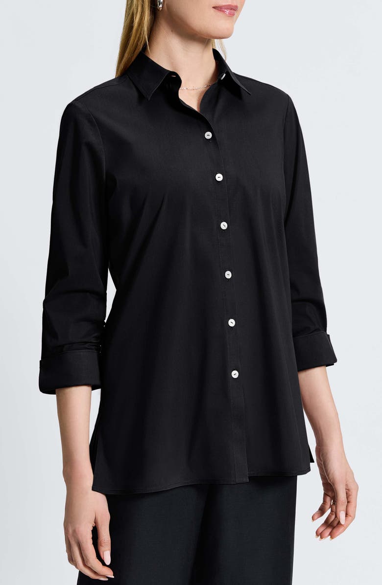 Foxcroft Evelyn Three-Quarter Sleeve Button-Up Shirt, Main, color, Black