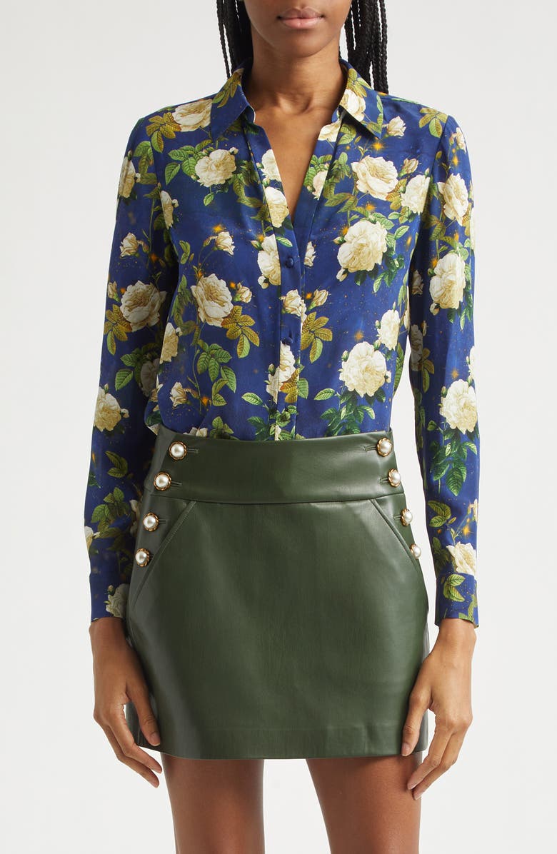 Alice + Olivia Eloise Floral Silk Button-Up Shirt, Main, color, Twilight Eden