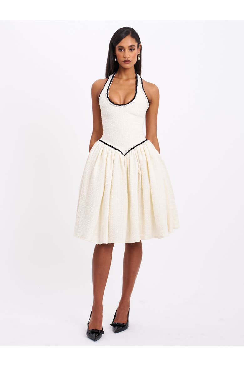 Natalie U Neck Halter Drop Waist Tweed Midi Dress, Alternate, color, off white