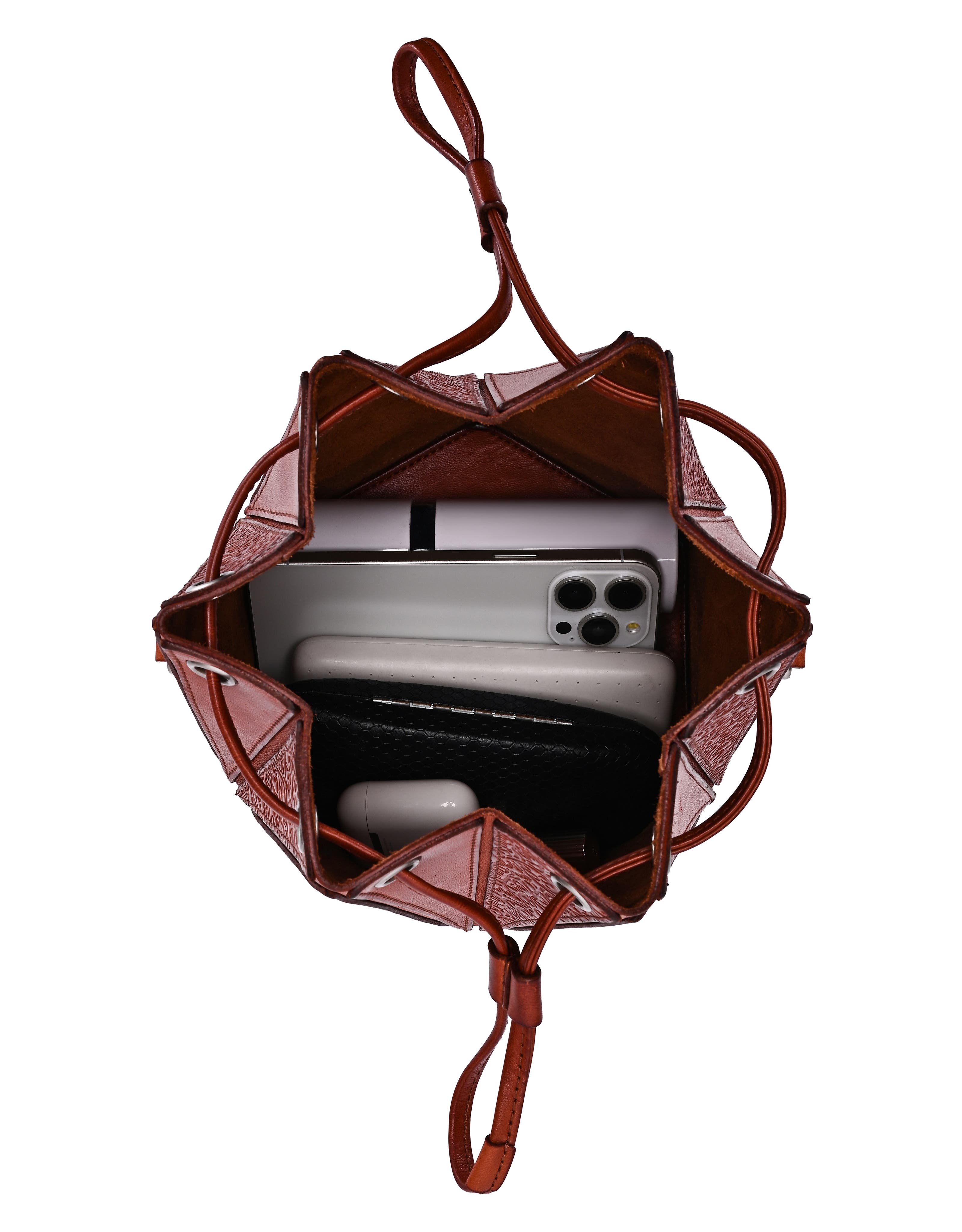 Prism Small Convertible Leather Bucket Crossbody, Alternate, color, Cognac