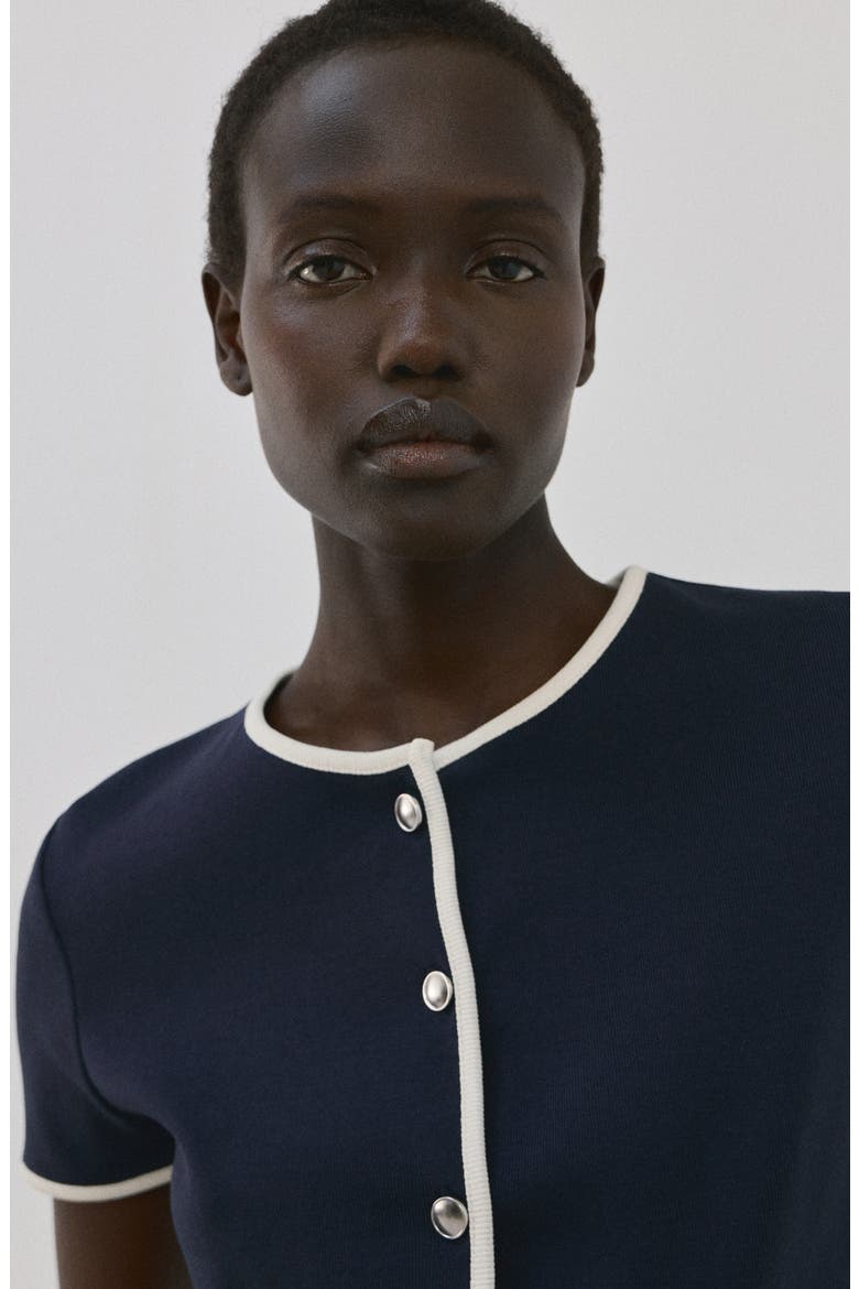 Piped Trim Cotton Button-Up Top, Alternate, color, DARK NAVY