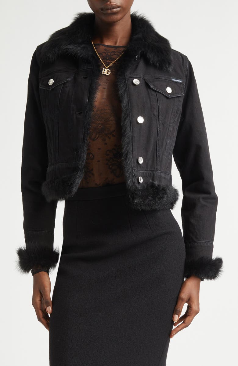 Dolce&Gabbana Genuine Shearling Trim Denim Jacket, Main, color, Multicolor