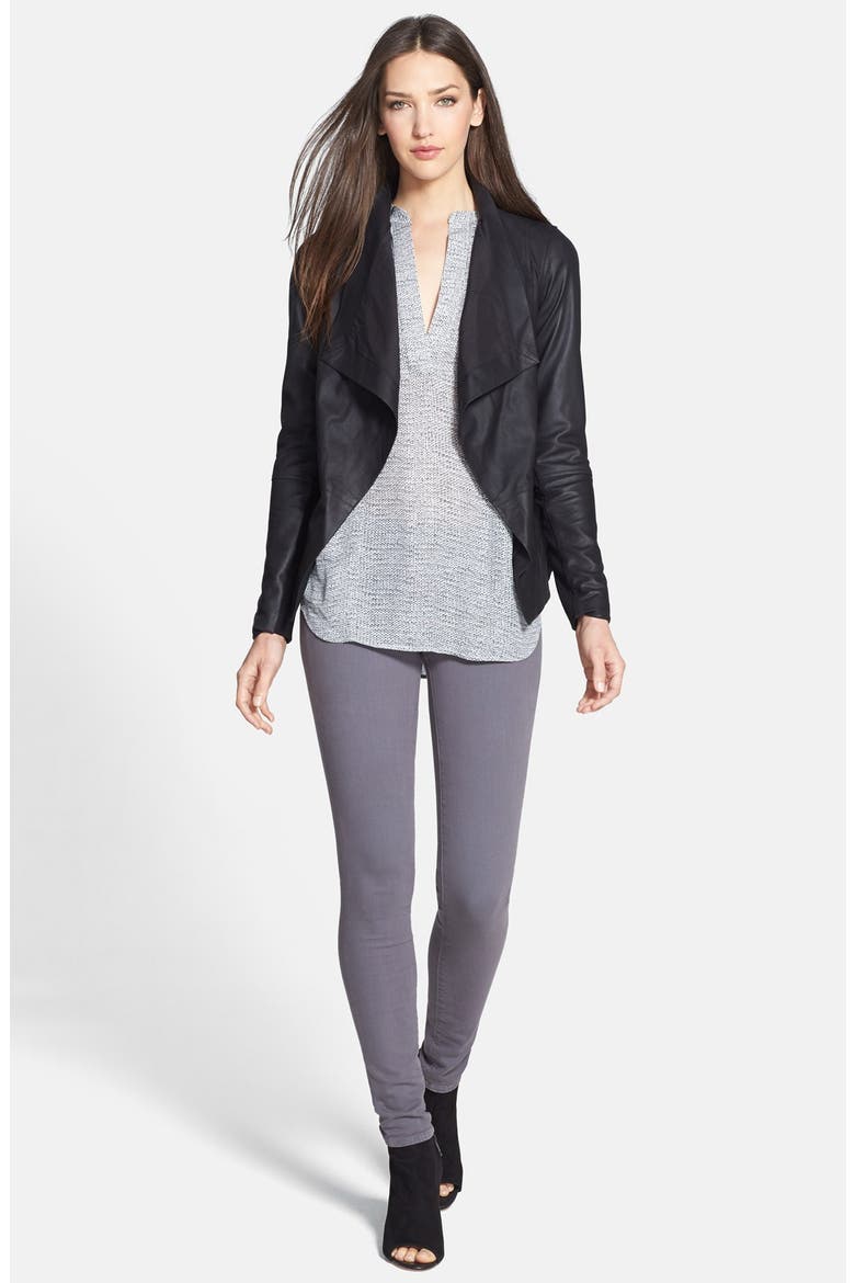 Drape Neck Leather Jacket, Alternate, color, BLACK
