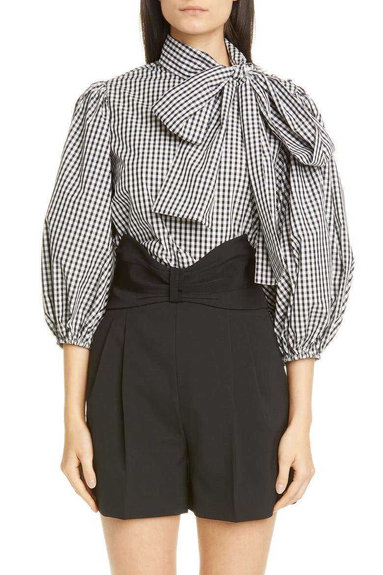 Tie Neck Puff Sleeve Gingham Blouse, Main, color, NERO