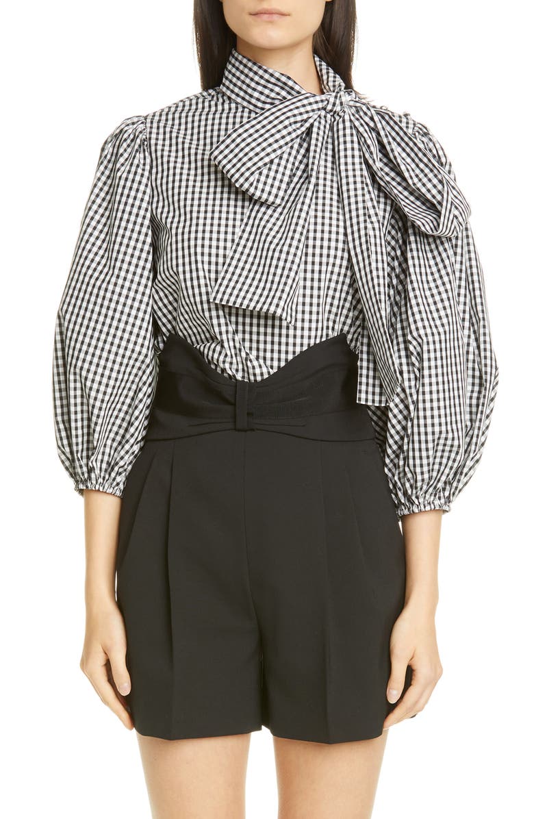 RED Valentino Tie Neck Puff Sleeve Gingham Blouse, Main, color,