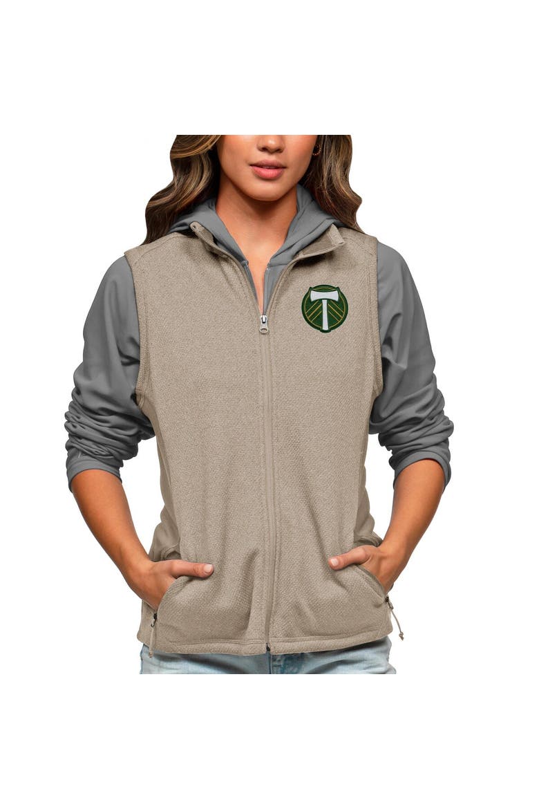 Women's Antigua Oatmeal Portland Timbers Team Logo Course Full-Zip Vest, Main, color, Oatmeal