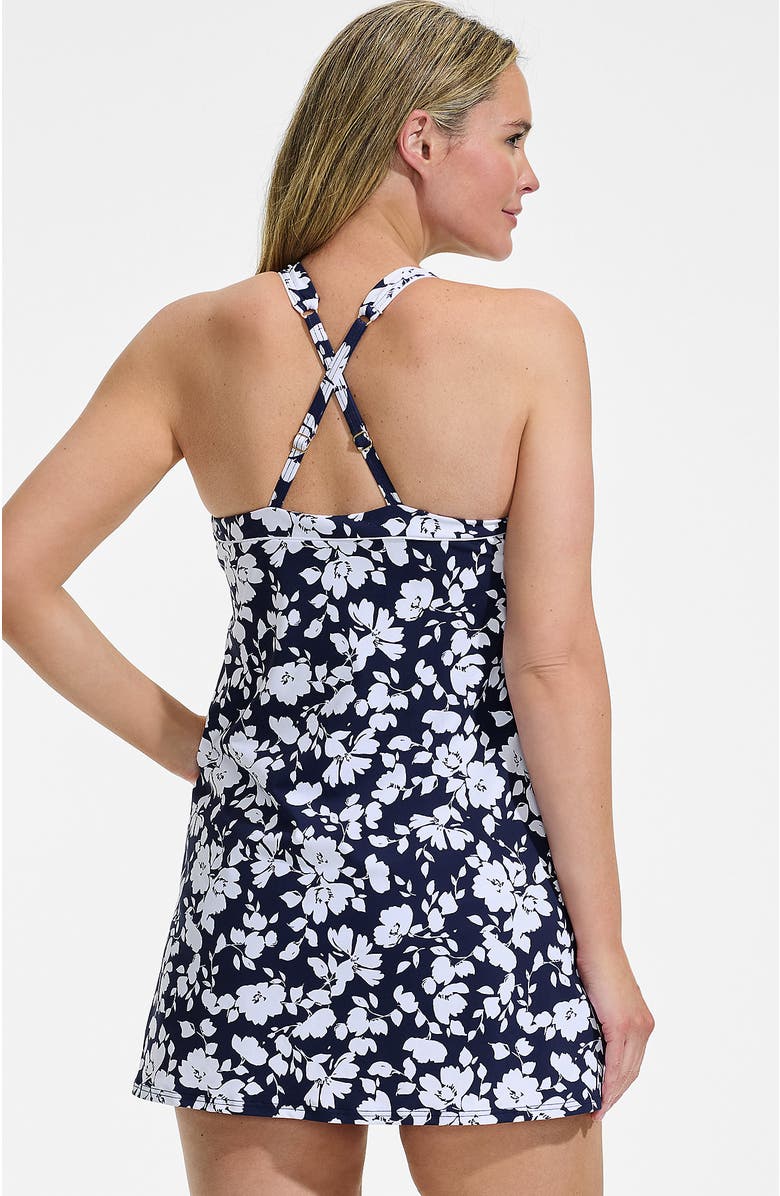 Lands' End High Neck Swim Dress Swimsuit, Alternate, color, Navy Blossom Floral