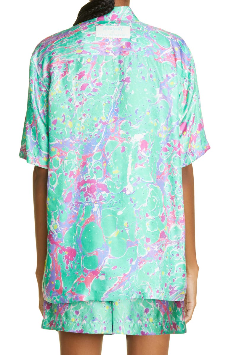 Stella McCartney x Myfawnwy Unisex Shared 3 Ricky Marble Print Silk Button-Up Shirt, Alternate, color,