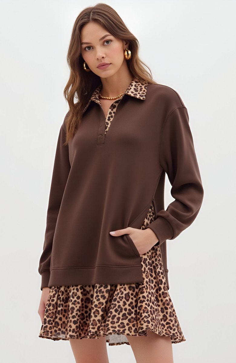 Modenaire Layered Mini Dress with Leopard Print Skirt and Contrast Collar, Alternate, color, 