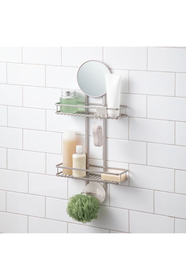 Self-Adhesive Shower Caddy with Mirror & Hooks - Satin, Alternate, color, Satin Silver