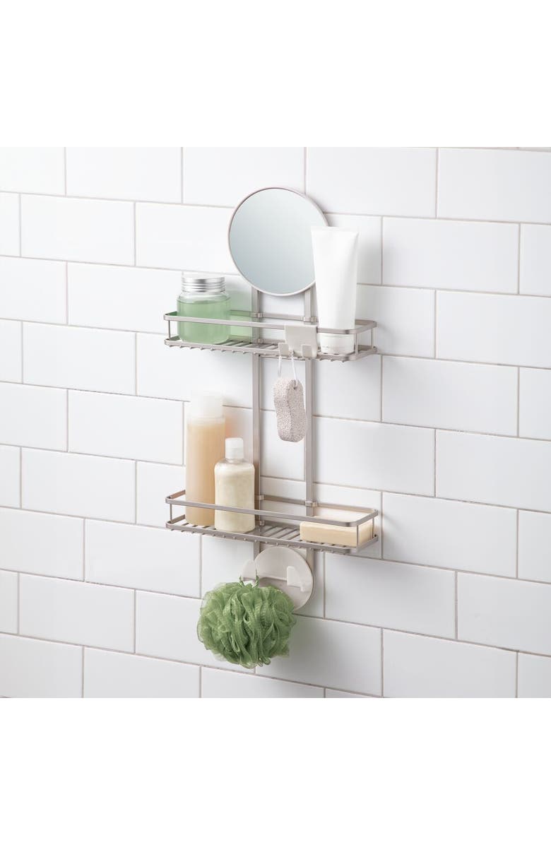 iDesign Self-Adhesive Shower Caddy with Mirror & Hooks - Satin, Alternate, color, Satin Silver