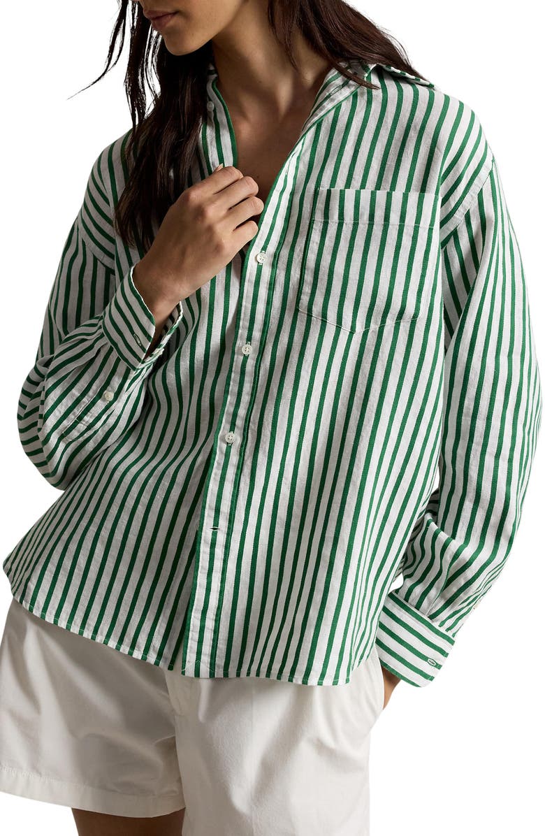 Polo Ralph Lauren Oversize Stripe Linen & Cotton Button-Up Shirt, Main, color, White-Green