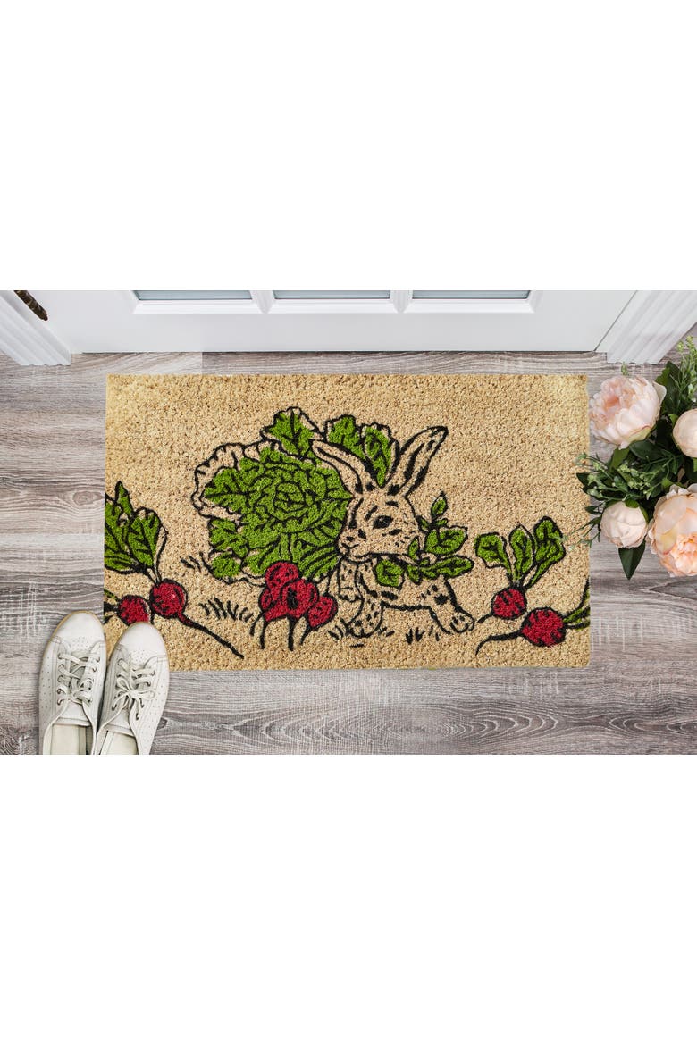 Bunny Eating Radish Easter Coir Door Mat Multicolored Beige, Alternate, color, Yellow