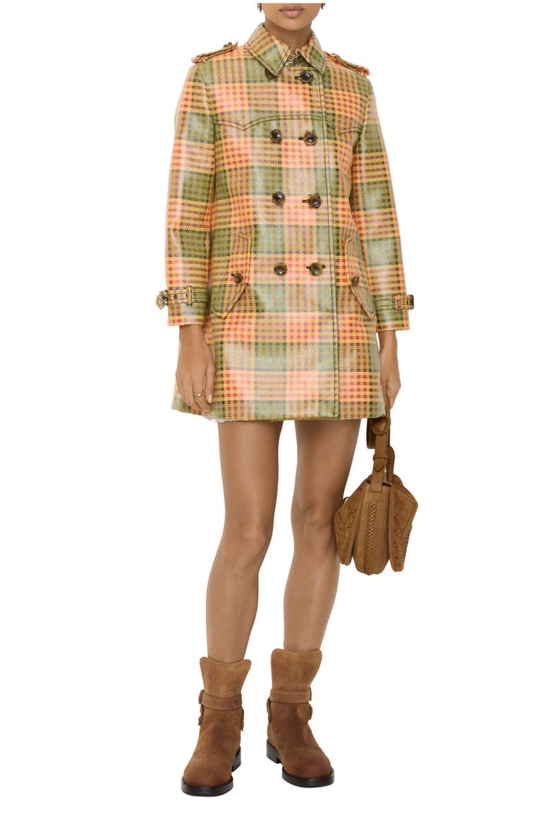 Short Check Coated Raffia-effect Summerside Trench Coat, Main, color, CHROME YLW/ POMEGRNTE