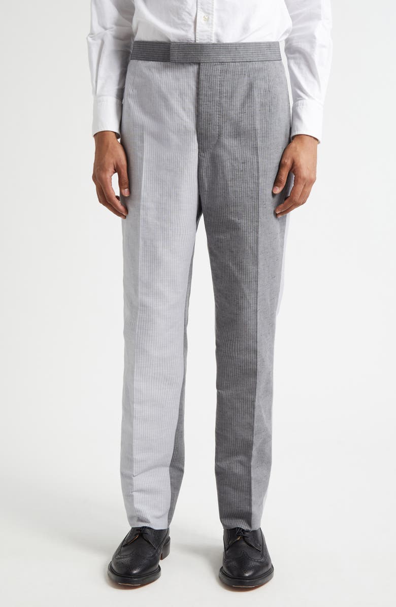 Thom Browne Stripe Colorblock Linen & Cotton Backstrap Pants, Main, color, Light Grey