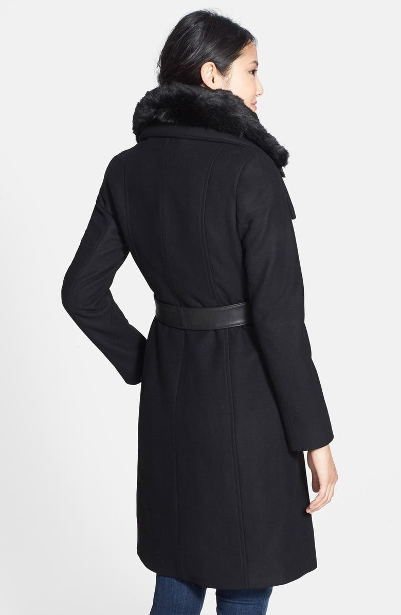 French Connection Leather Trim Long Coat with Removable Faux Fur Collar, Alternate, color,