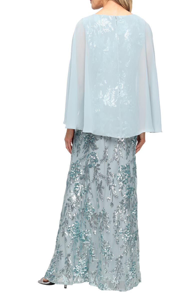 SL FASHIONS Sequin Floral Gown with Cape Overlay, Alternate, color, Sage