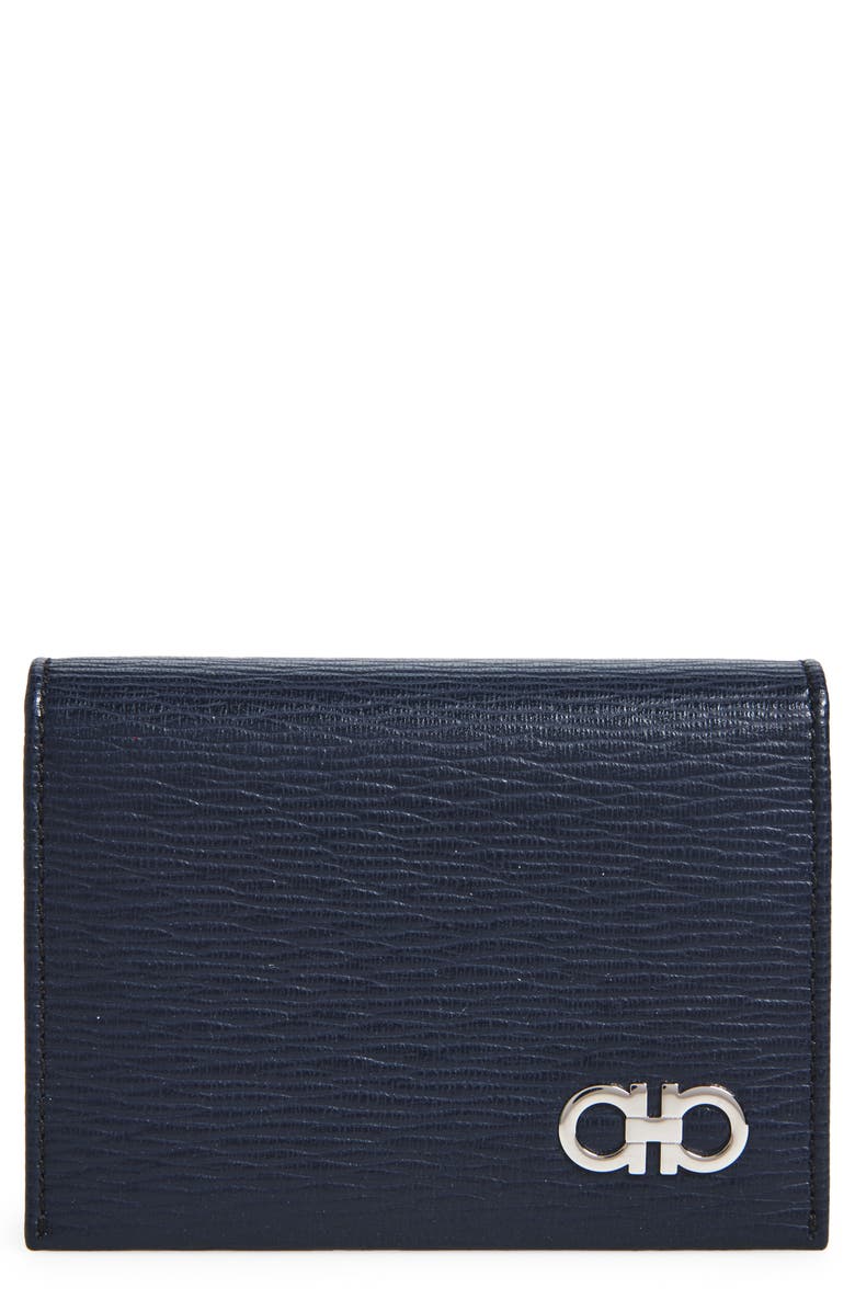 FERRAGAMO Revival Hammered Leather Bifold Card Holder, Main, color, Deep Ocean