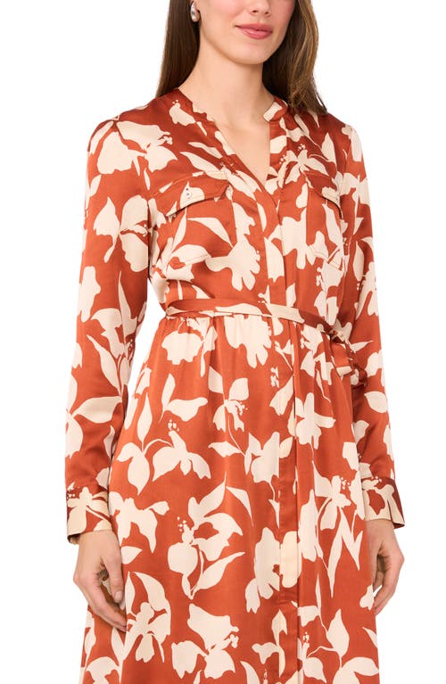 Halogen ® Floral Long Sleeve Satin Midi Shirtdress In Brown