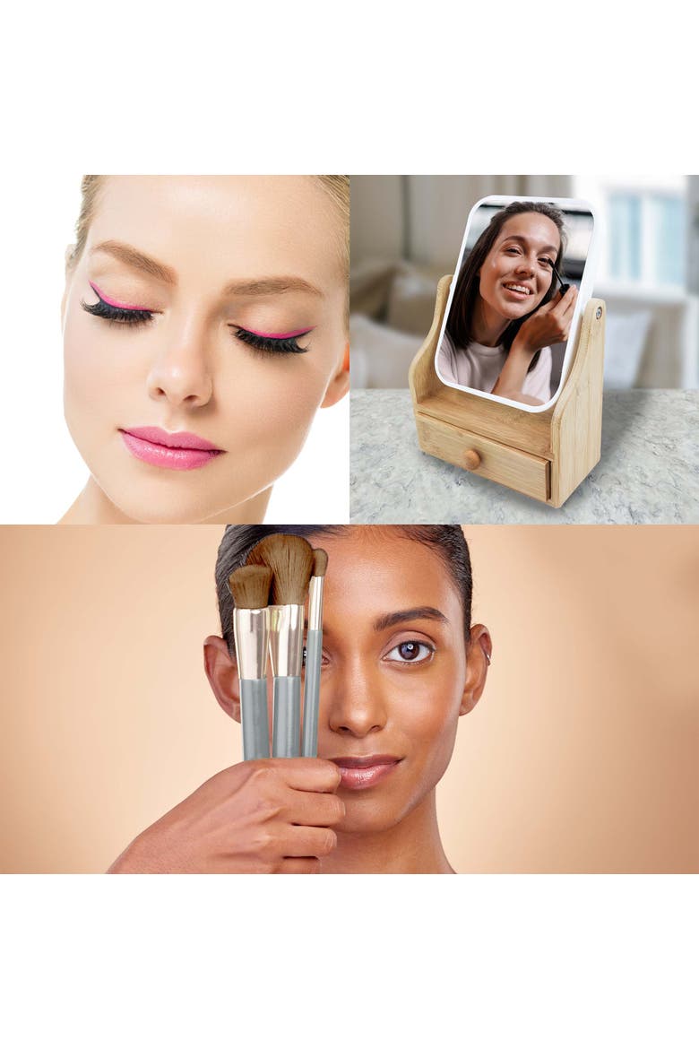 5pc Studio Makeup Brush Set + False Eyelashes Extensions + Dual-Sided Vanity Mirror, Alternate, color, Beige