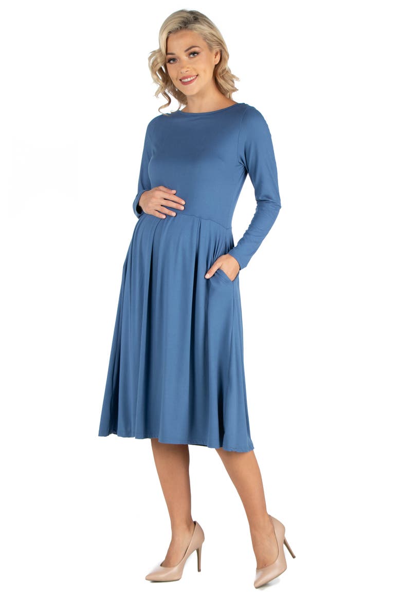 Maternity Midi Length Fit and Flare Pocket Dress, Alternate, color, Indigo