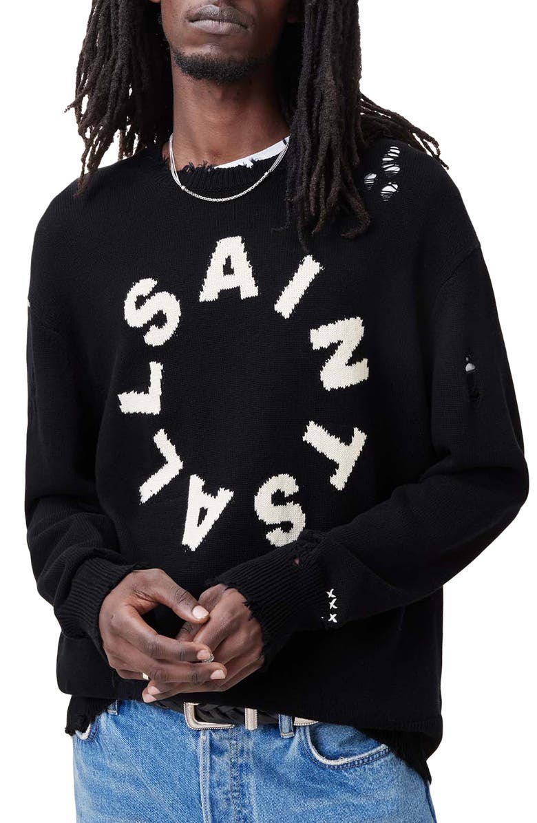 AllSaints Diago Distressed Cotton Crewneck Sweater, Main, color, 