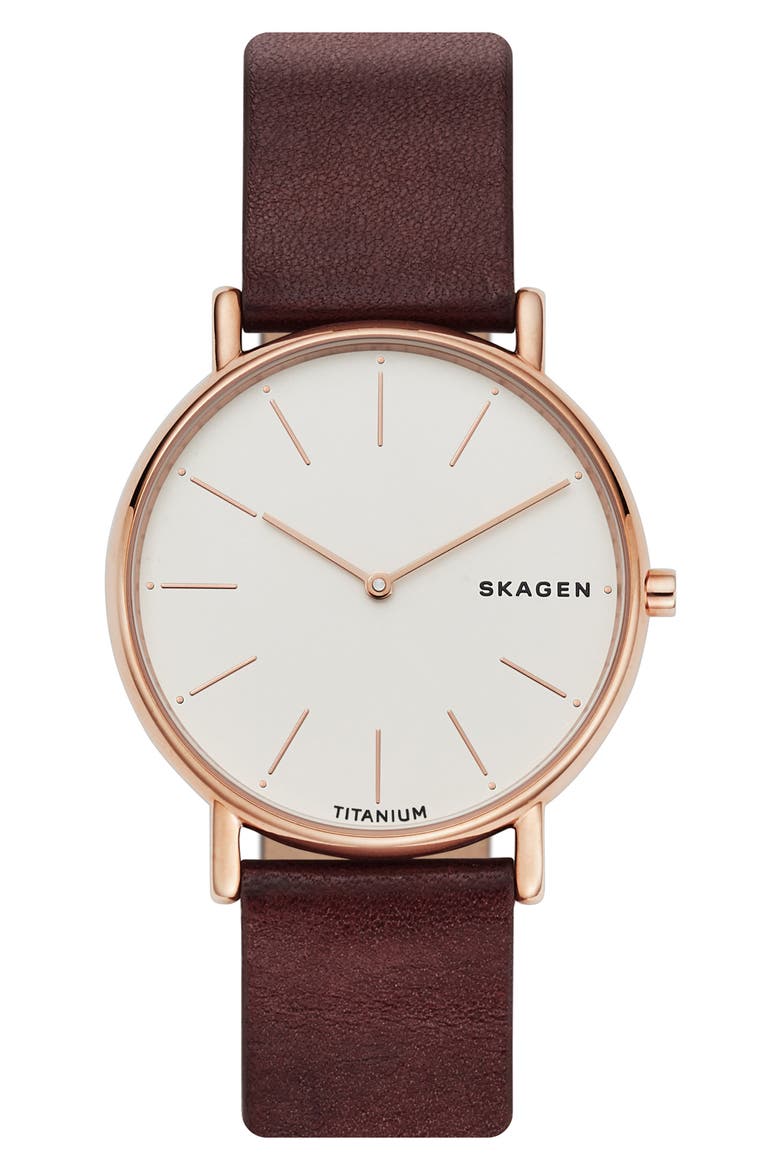 Signatur Leather Strap Watch, 40mm, Alternate, color, RED/ WHITE/ ROSE GOLD