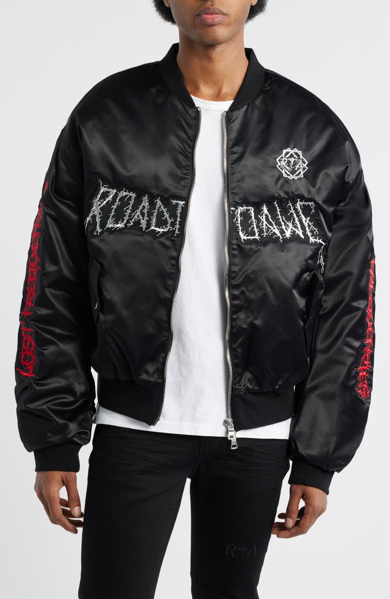 RtA Harvard Lost Frequency Bomber Jacket, Main, color, Shiny Black