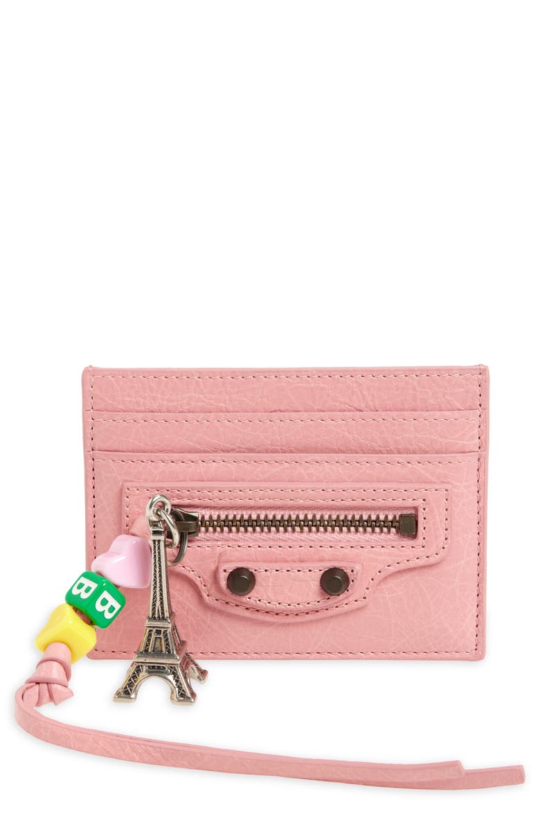 Balenciaga Le City Assorted Charm Crackled Leather Card Case, Main, color, 5826 Vintage Pink