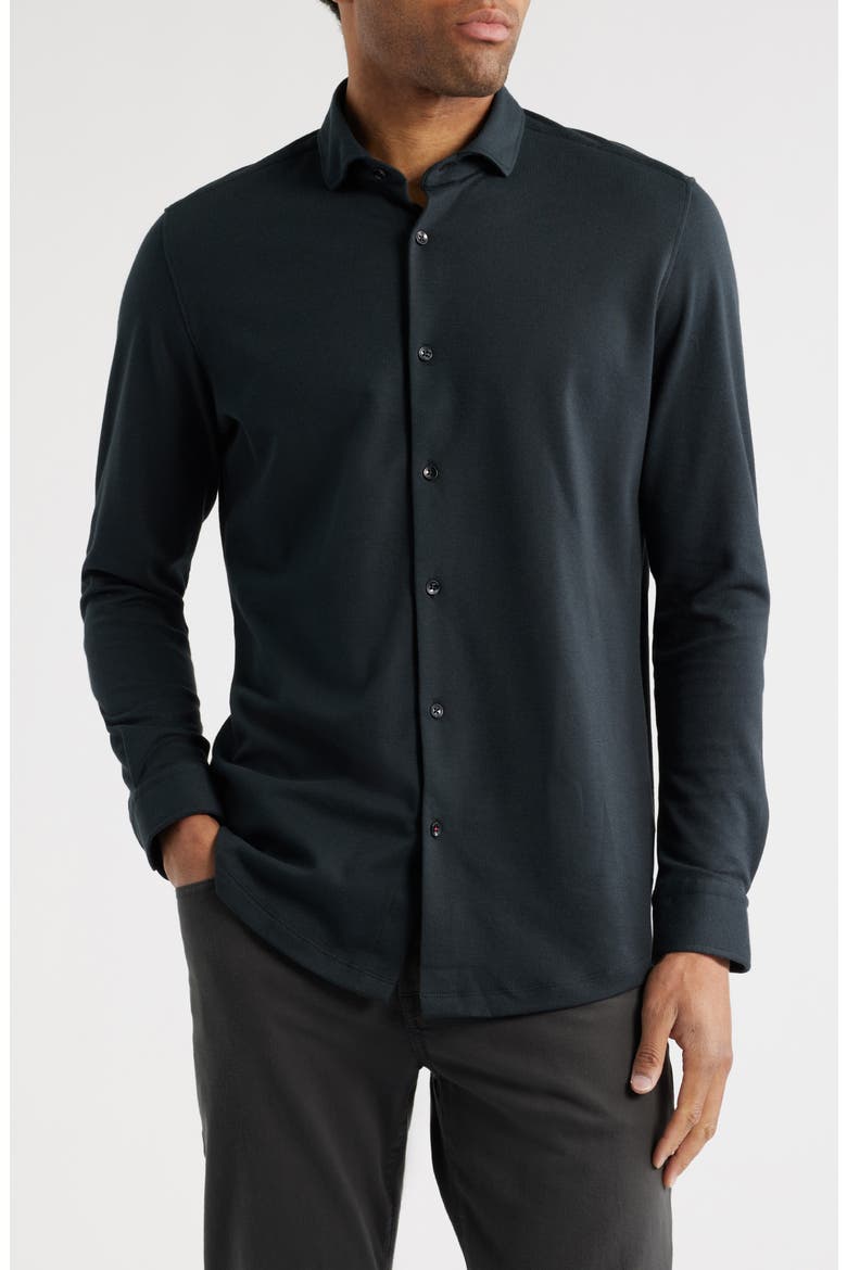 Solid Performance Piqué Button-Up Shirt, Main, color, BLACK