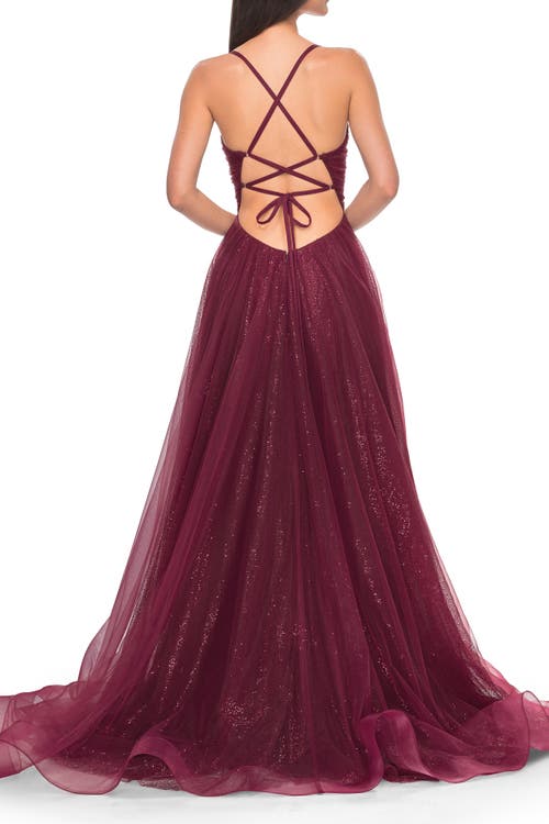 La Femme A-line Prom Dress With Sequin Lining And Illusion Top In Dark Berry