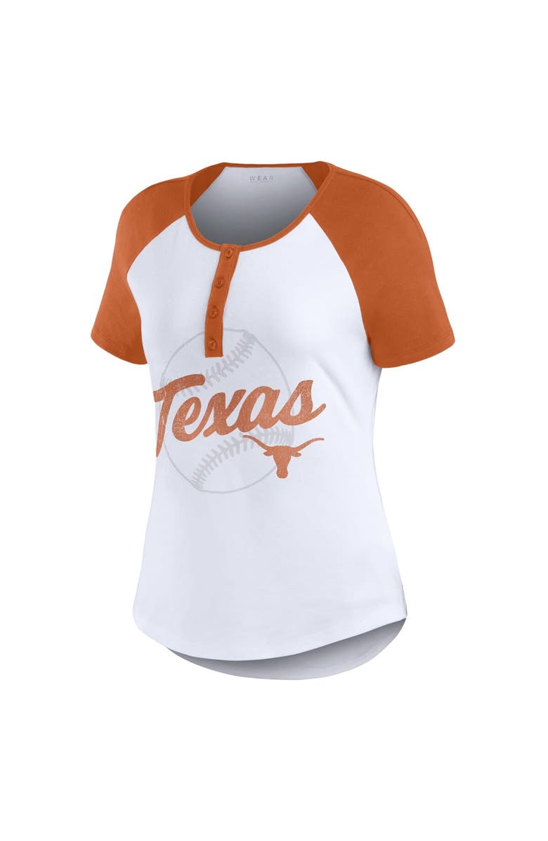 WEAR by Erin Andrews Women's WEAR by Erin Andrews White Texas Longhorns Baseball Logo Raglan Henley T-Shirt, Alternate, color, White