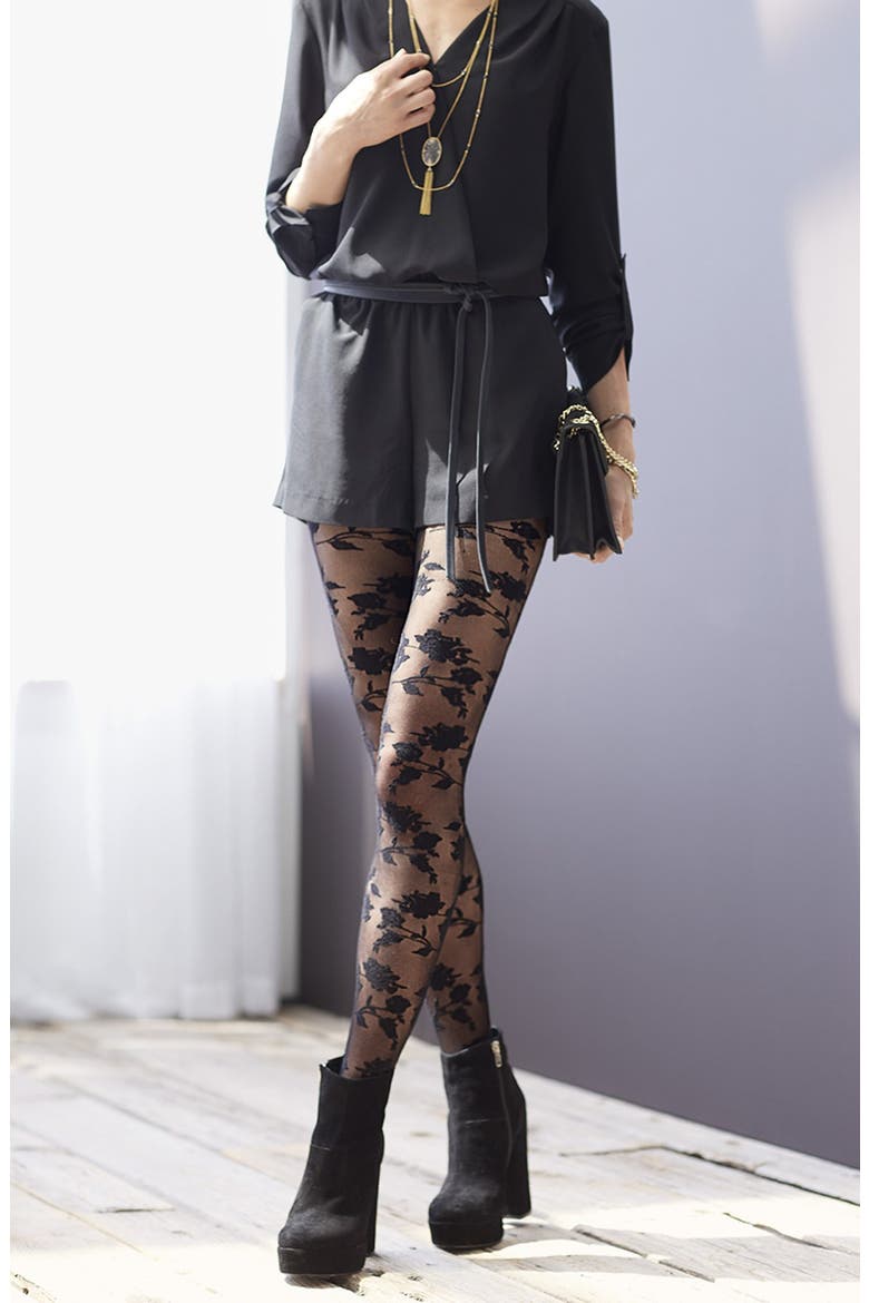 Floral Net Tights, Alternate, color, BLACK