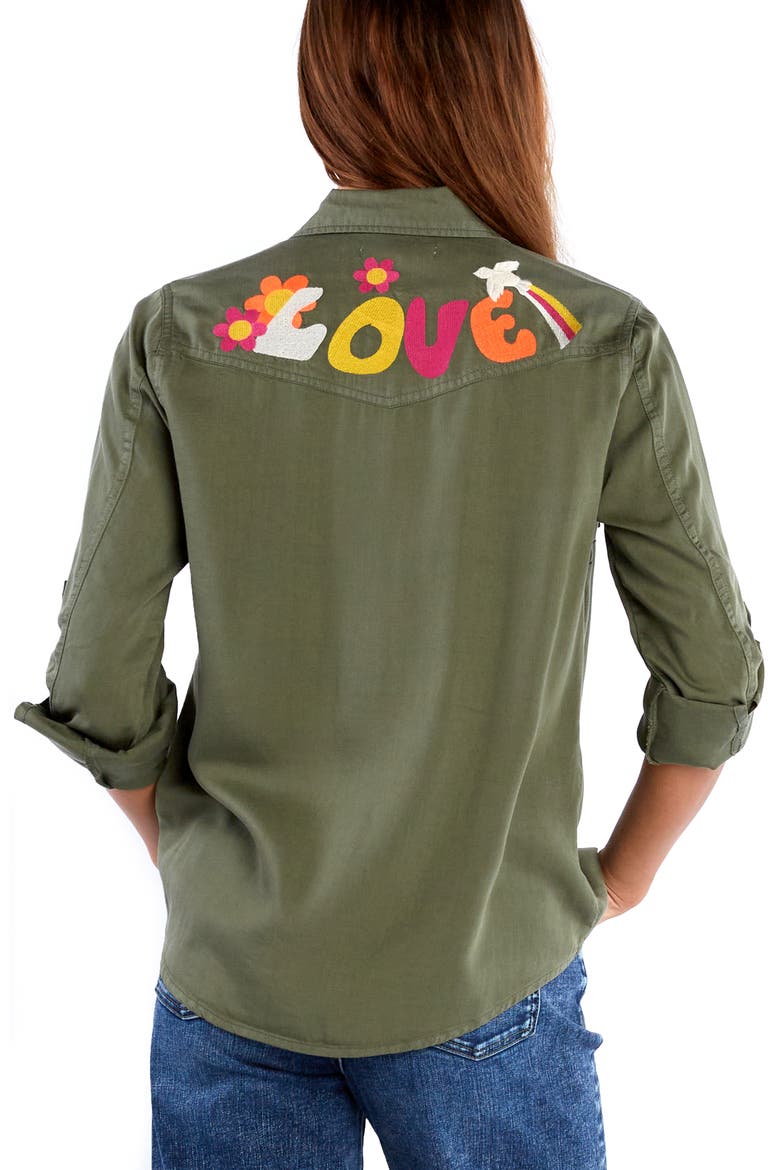 Peace & Love Embroidered Button-Up Shirt, Alternate, color, SOFT OLIVE