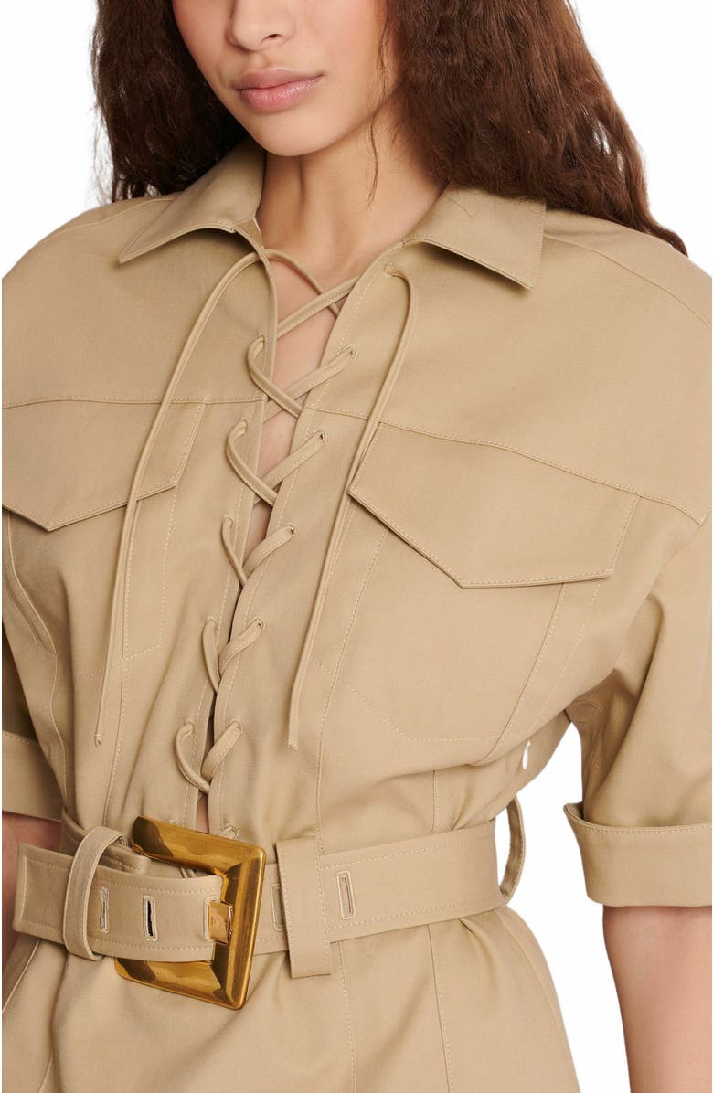 Balmain Short Cotton Gabardine Lace-Up Dress, Alternate, color, Beige