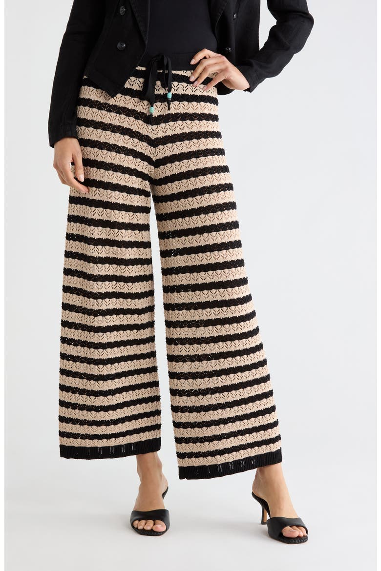 Gaelle Pointelle Knit Wide Leg Ankle Pants, Main, color, BLACK/ NATURAL STRIPE