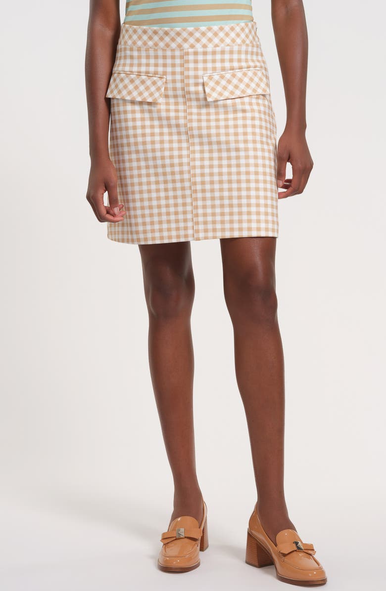Isaac Mizrahi New York Gingham A-Line Skirt, Main, color, Beige/ White