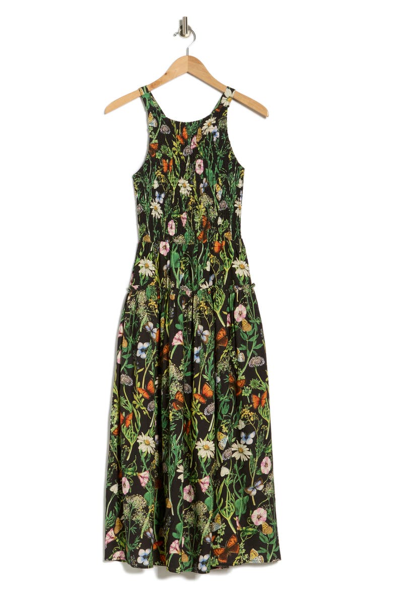Floral Smocked Bodice Linen Blend Midi Dress, Alternate, color, BLACK BUTTERFLY FLORAL