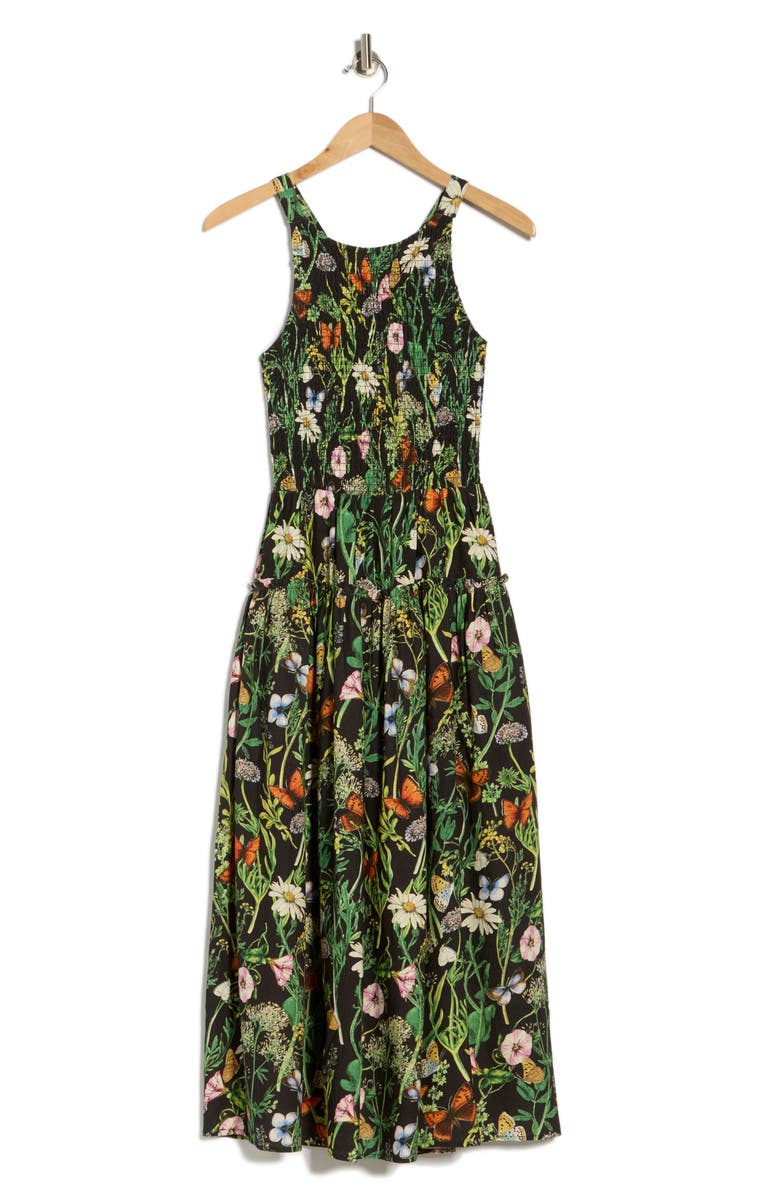 Avec Les Filles Floral Smocked Bodice Linen Blend Midi Dress, Alternate, color, Black Butterfly Floral