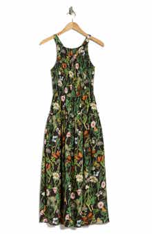 Avec Les Filles Floral Smocked Bodice Linen Blend Midi Dress