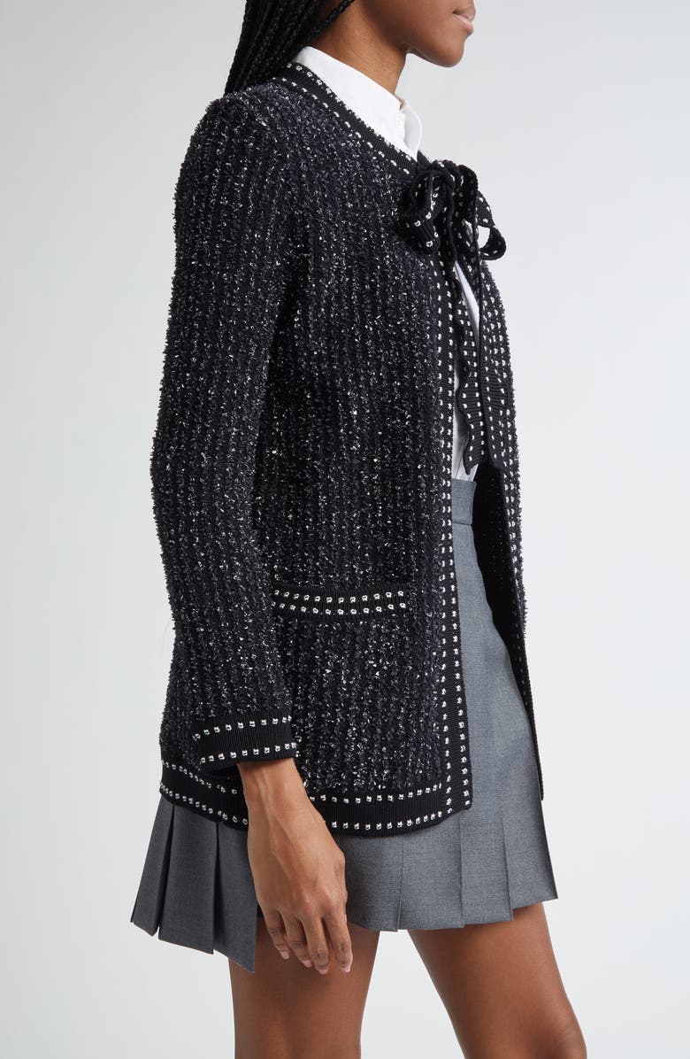 Thom Browne Tie Neck Eyelash Tweed Jacquard Cardigan, Alternate, color,