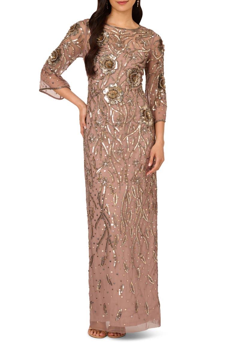 Beaded Mesh Gown, Main, color, STONE