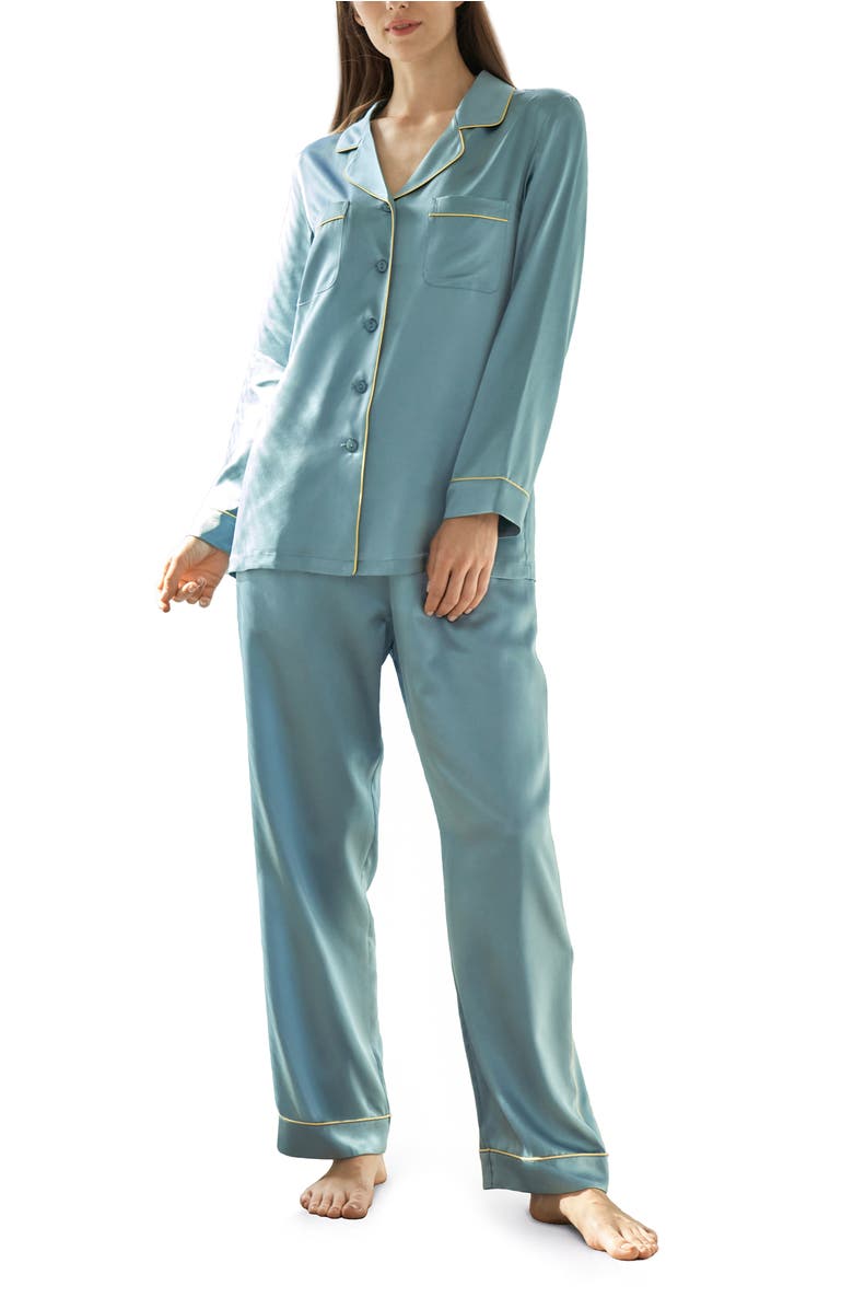 Lilysilk Gold Piping Silk Pajamas Set, Main, color, Blue Haze