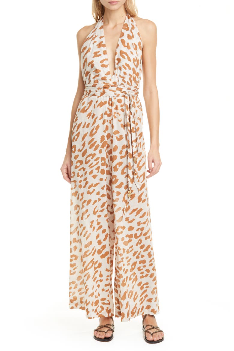 Alayna Ocelot Print Organic Cotton Halter Jumpsuit, Main, color, OCELOT