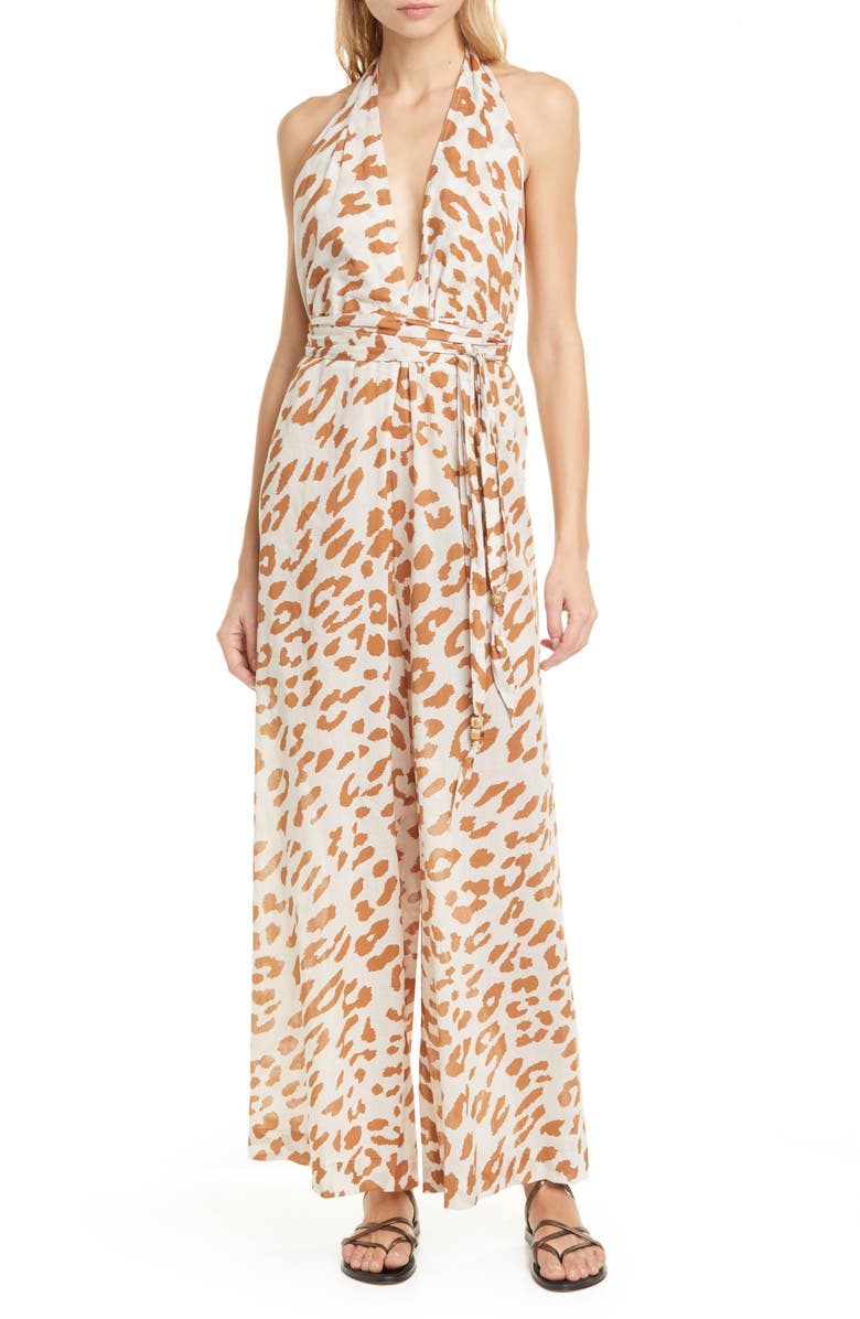 Nanushka Alayna Ocelot Print Organic Cotton Halter Jumpsuit, Main, color, 
