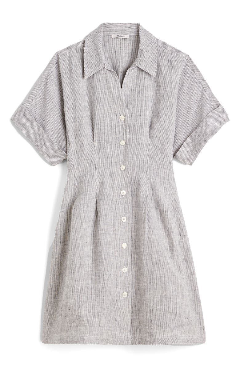 Madewell Pleated Linen Mini Shirtdress, Alternate, color, Black White Mini Stripe