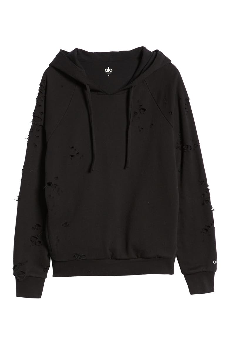 Ripped Hooded Sweatshirt, Alternate, color, BLACK